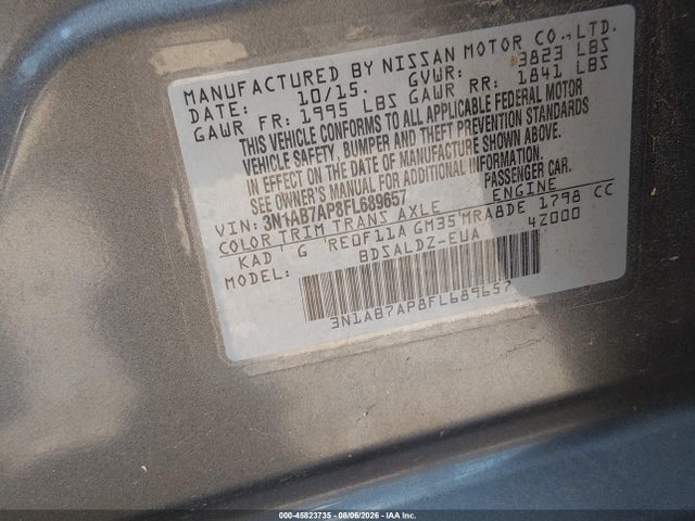 2015 Nissan Sentra Sv მანქანა იყიდება აუქციონზე, vin: 3N1AB7AP8FL689657, აუქციონის ნომერი: 45823735