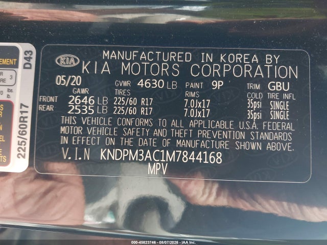 45823746 :رقم المزاد ، KNDPM3AC1M7844168 vin ، 2021 Kia Sportage Lx مزاد بيع