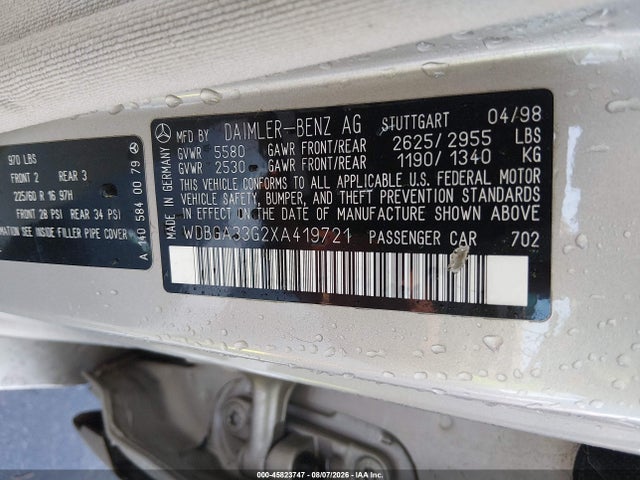45823747 :رقم المزاد ، WDBGA33G2XA419721 vin ، 1999 Mercedes-benz S 320 مزاد بيع