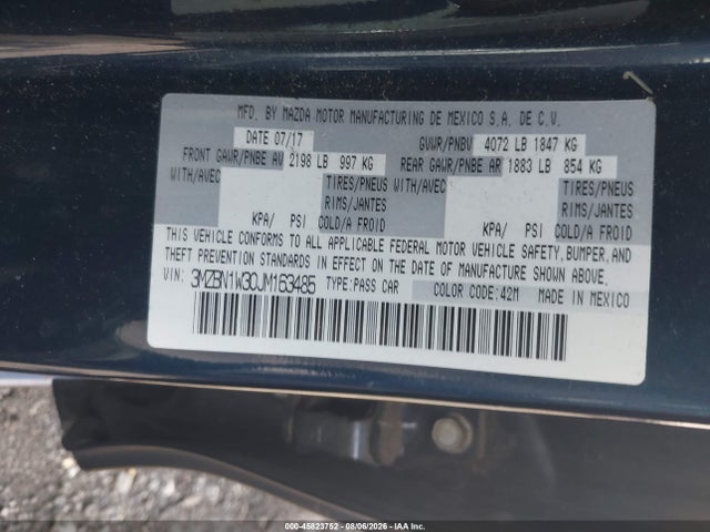 2018 Mazda Mazda3 Grand Touring მანქანა იყიდება აუქციონზე, vin: 3MZBN1W30JM163485, აუქციონის ნომერი: 45823752