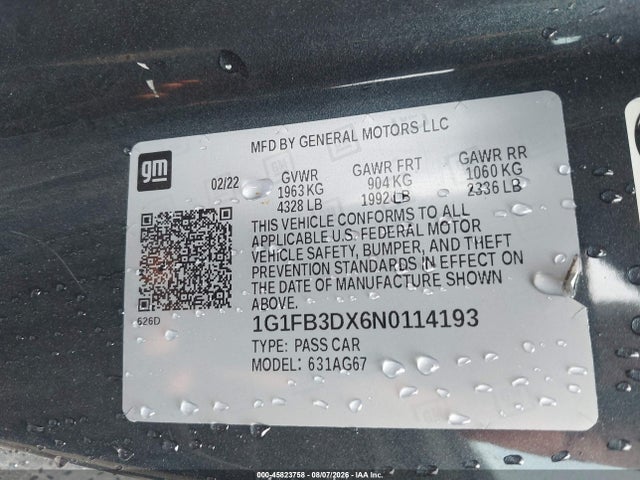 2022 Chevrolet Camaro Rwd  1lt მანქანა იყიდება აუქციონზე, vin: 1G1FB3DX6N0114193, აუქციონის ნომერი: 45823758