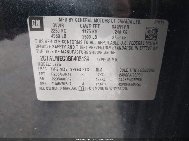 45823767 :رقم المزاد ، 2CTALMEC0B6403139 vin ، 2011 Gmc Terrain Sle-1 مزاد بيع