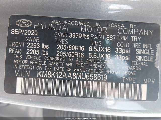 Aukcja sprzedaży 2021 Hyundai Kona Se, vin: KM8K12AA8MU658619, numer aukcji: 45823786