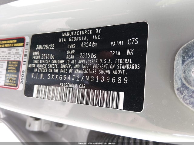 45823788 :رقم المزاد ، 5XXG64J2XNG139689 vin ، 2022 Kia K5 Gt-line مزاد بيع