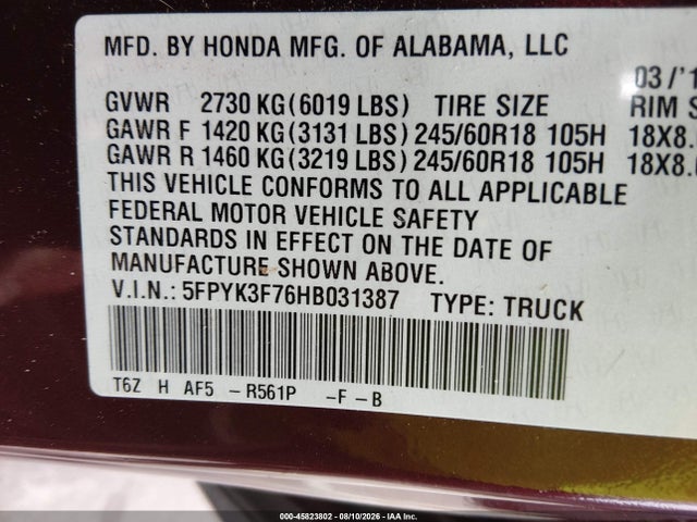 45823802 :رقم المزاد ، 5FPYK3F76HB031387 vin ، 2017 Honda Ridgeline Rtl-e مزاد بيع