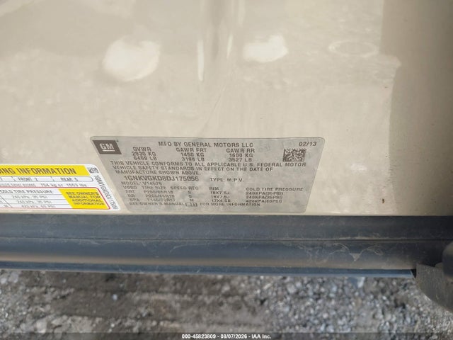 45823809 :رقم المزاد ، 1GNKVGKD8DJ175056 vin ، 2013 Chevrolet Traverse Lt مزاد بيع