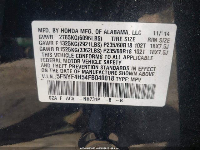 2015 Honda Pilot Ex-l მანქანა იყიდება აუქციონზე, vin: 5FNYF4H54FB040018, აუქციონის ნომერი: 45823860