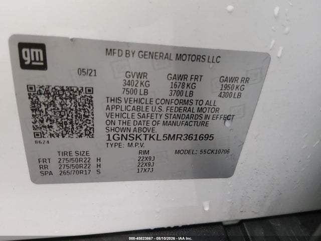 45823867 :رقم المزاد ، 1GNSKTKL5MR361695 vin ، 2021 Chevrolet Tahoe 4wd High Country مزاد بيع
