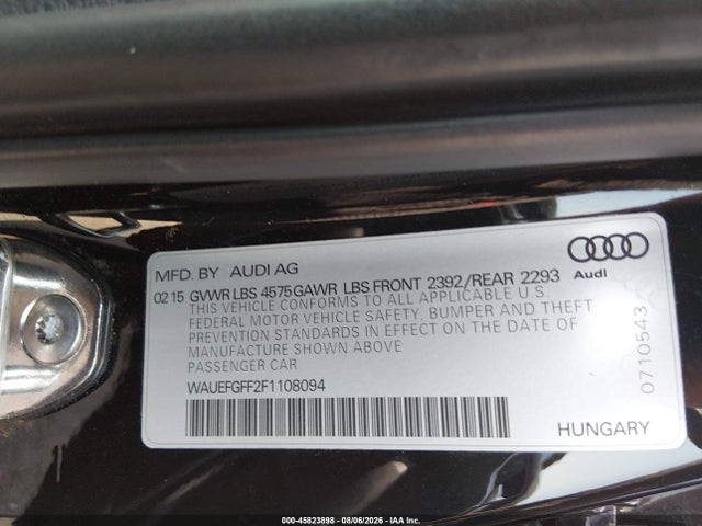 45823898 :رقم المزاد ، WAUEFGFF2F1108094 vin ، 2015 Audi A3 2.0t Premium مزاد بيع