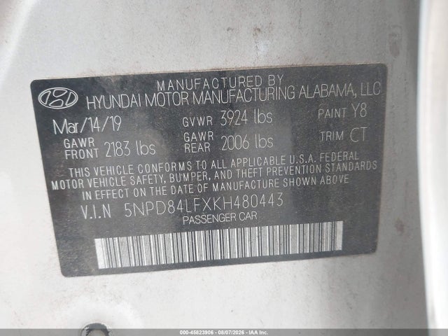 Продаж на аукціоні авто 2019 Hyundai Elantra Sel, vin: 5NPD84LFXKH480443, номер лоту: 45823906