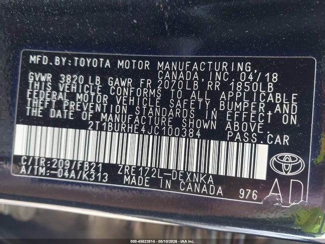 Продажа на аукционе авто 2018 Toyota Corolla Le, vin: 2T1BURHE4JC100384, номер лота: 45823914