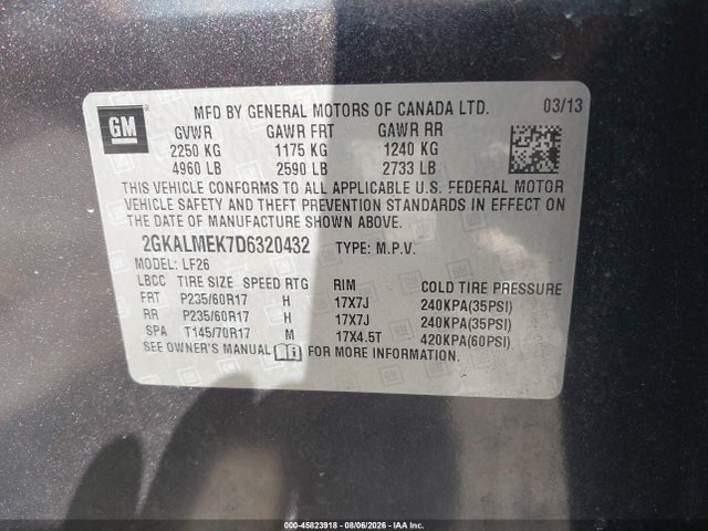45823918 :رقم المزاد ، 2GKALMEK7D6320432 vin ، 2013 Gmc Terrain Sle-1 مزاد بيع