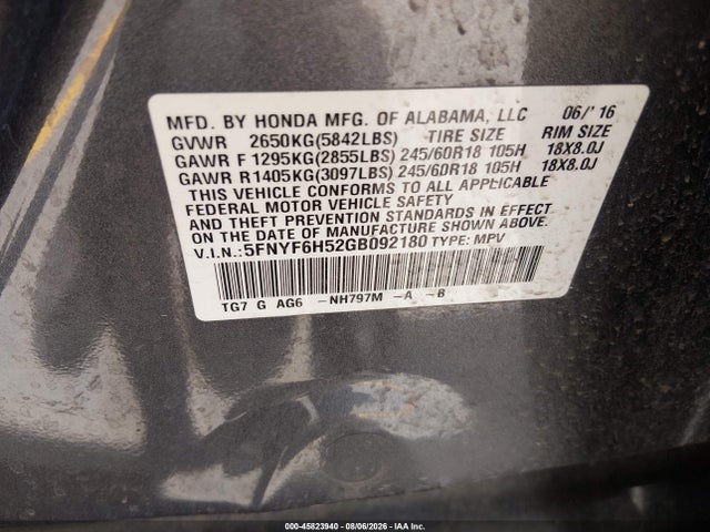 5FNYF6H52GB092180 Honda Pilot Ex-l