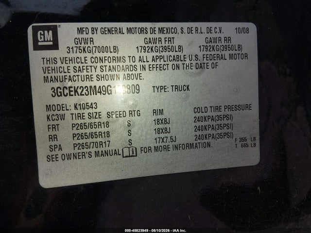 Aukcja sprzedaży 2009 Chevrolet Silverado 1500 Lt, vin: 3GCEK23M49G139809, numer aukcji: 45823949
