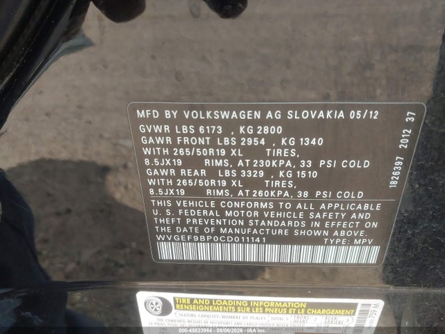Продаж на аукціоні авто 2012 Volkswagen Touareg Vr6 Lux, vin: WVGEF9BP0CD011141, номер лоту: 45823964