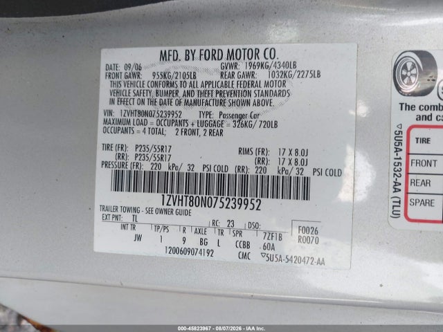 Продаж на аукціоні авто 2007 Ford Mustang V6 Deluxe/v6 Premium, vin: 1ZVHT80N075239952, номер лоту: 45823967