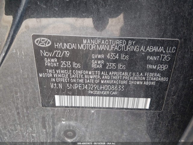 Aukcja sprzedaży 2020 Hyundai Sonata Sel Plus, vin: 5NPEJ4J29LH008633, numer aukcji: 45823975