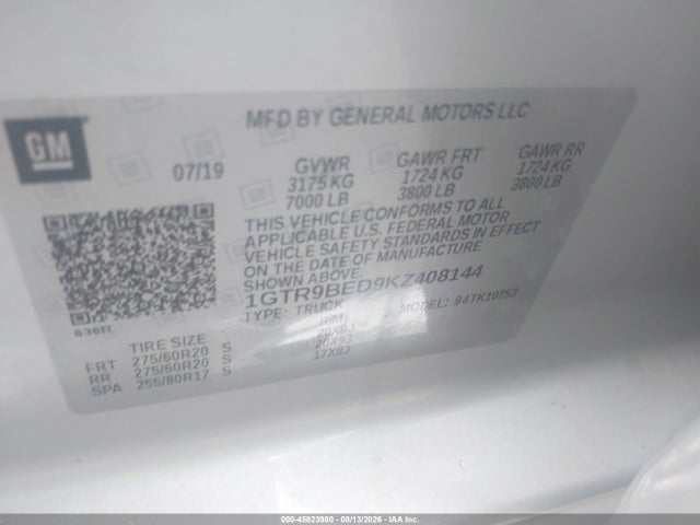 Aukcja sprzedaży 2019 Gmc Sierra 1500 Sle, vin: 1GTR9BED9KZ408144, numer aukcji: 45823980