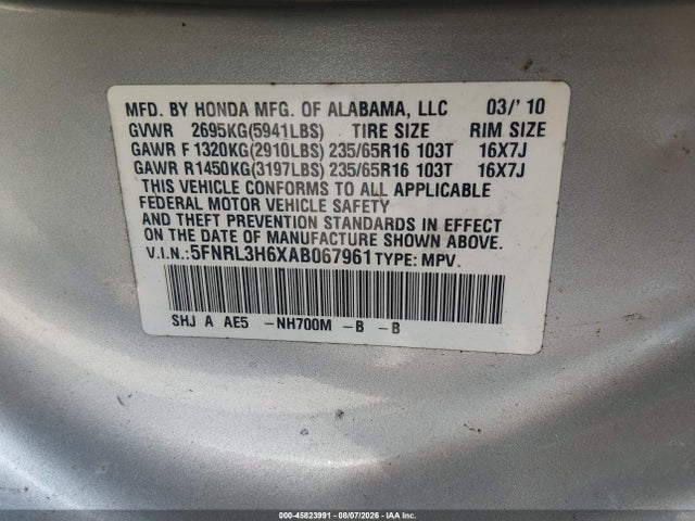 Aukcja sprzedaży 2010 Honda Odyssey Ex-l, vin: 5FNRL3H6XAB067961, numer aukcji: 45823991