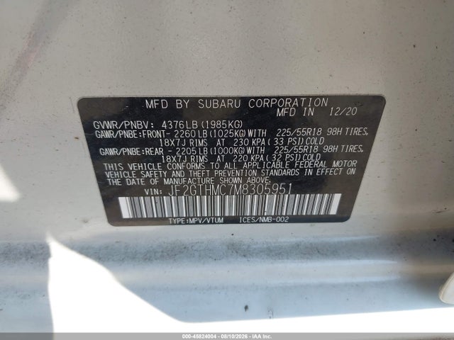 45824004 :رقم المزاد ، JF2GTHMC7M8305951 vin ، 2021 Subaru Crosstrek Limited مزاد بيع