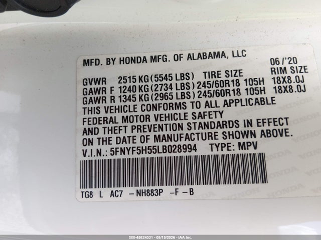5FNYF5H55LB028994 Honda Pilot 2wd Ex-l