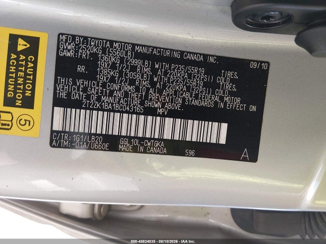 Aukcja sprzedaży 2011 Lexus Rx 350, vin: 2T2ZK1BA1BC043165, numer aukcji: 45824035
