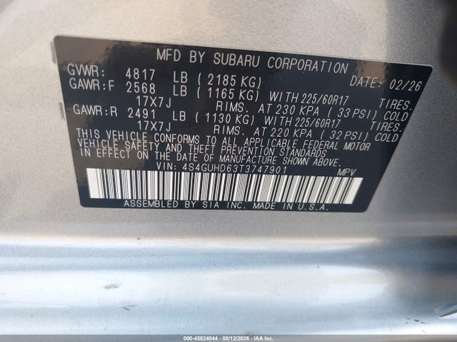 2026 Subaru Crosstrek Premium მანქანა იყიდება აუქციონზე, vin: 4S4GUHD63T3747901, აუქციონის ნომერი: 45824044