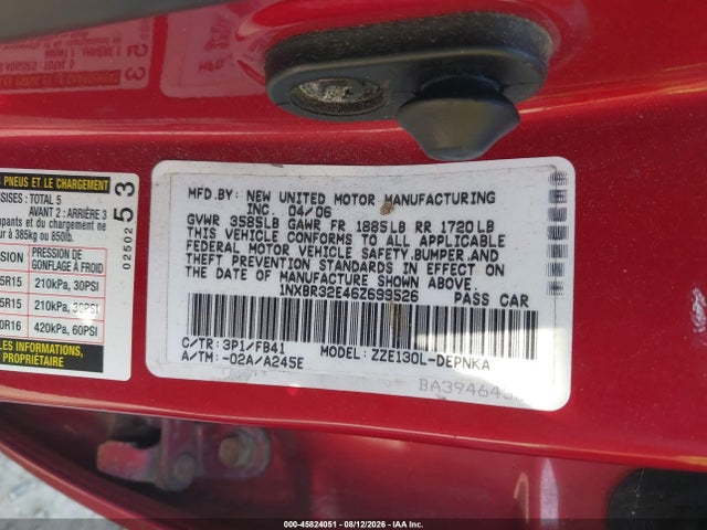 45824051 :رقم المزاد ، 1NXBR32E46Z699526 vin ، 2006 Toyota Corolla Le مزاد بيع