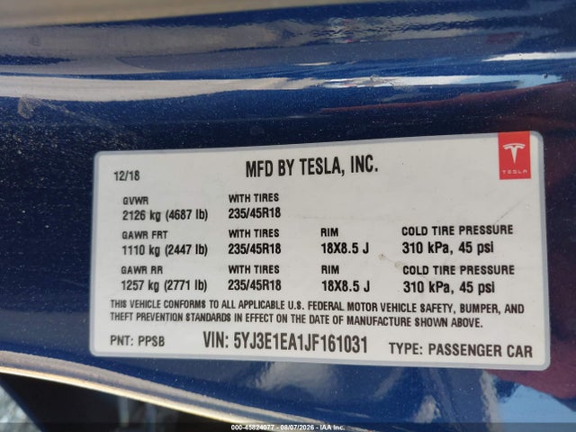 Tesla Model 3 Long Range/mid Range 2018 5YJ3E1EA1JF161031 Image 9