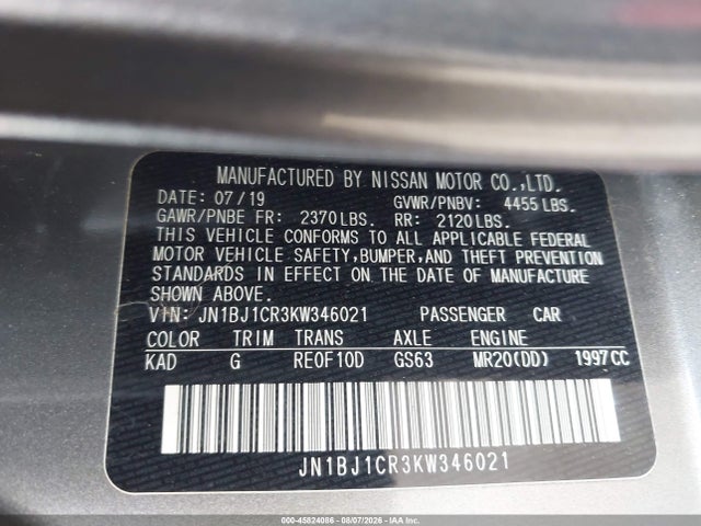 Продаж на аукціоні авто 2019 Nissan Rogue Sport Sv, vin: JN1BJ1CR3KW346021, номер лоту: 45824086