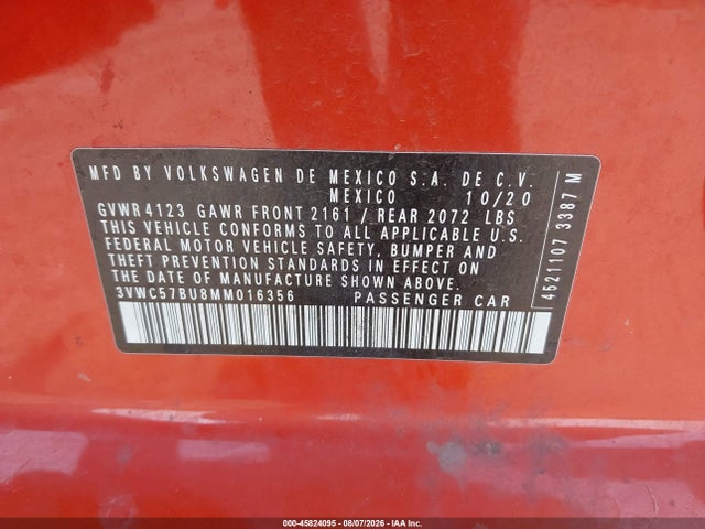 Aukcja sprzedaży 2021 Volkswagen Jetta 1.4t R-line/1.4t Se/s, vin: 3VWC57BU8MM016356, numer aukcji: 45824095