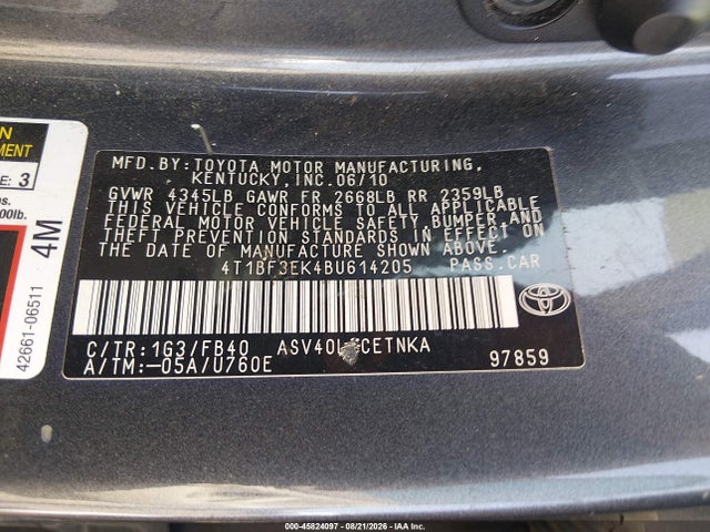 Продажа на аукционе авто 2011 Toyota Camry Le, vin: 4T1BF3EK4BU614205, номер лота: 45824097