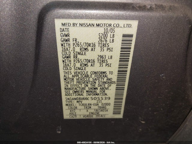 Продаж на аукціоні авто 2006 Nissan Xterra S, vin: 5N1AN08U66C505539, номер лоту: 45824105