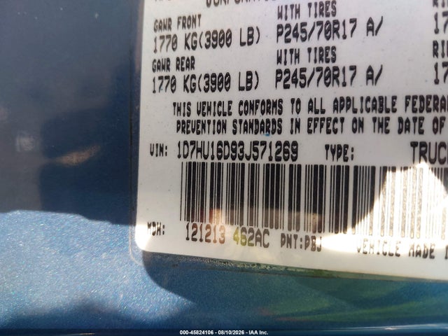 Aukcja sprzedaży 2003 Dodge Ram 1500 Slt/laramie/st, vin: 1D7HU16D93J571269, numer aukcji: 45824106