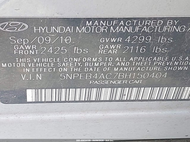 Aukcja sprzedaży 2011 Hyundai Sonata Gls, vin: 5NPEB4AC7BH150404, numer aukcji: 45824109