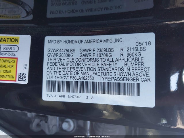 2018 Honda Accord Sport მანქანა იყიდება აუქციონზე, vin: 1HGCV1F30JA162553, აუქციონის ნომერი: 45824111