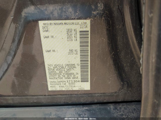 Продаж на аукціоні авто 2015 Nissan Altima 2.5 Sl, vin: 1N4AL3AP6FN371304, номер лоту: 45824116
