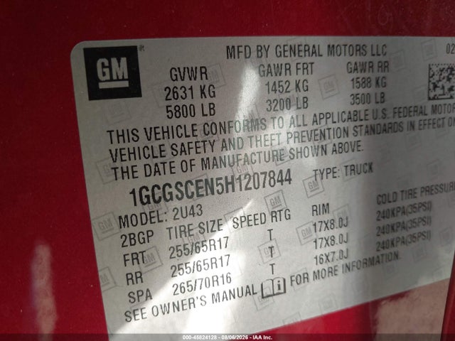 Продажа на аукционе авто 2017 Chevrolet Colorado Lt, vin: 1GCGSCEN5H1207844, номер лота: 45824128
