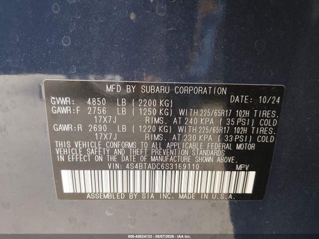 45824132 :رقم المزاد ، 4S4BTADC6S3169110 vin ، 2025 Subaru Outback Premium مزاد بيع