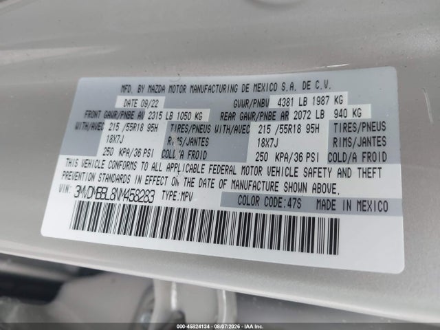 45824134 :رقم المزاد ، 3MVDMBBL8NM458283 vin ، 2022 Mazda Cx-30 Select مزاد بيع