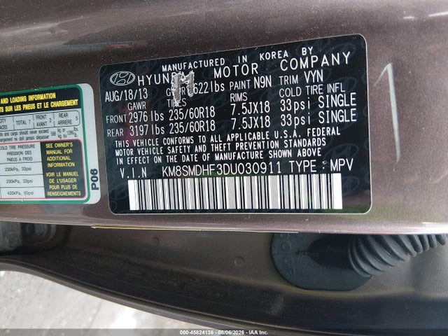 Продажа на аукционе авто 2013 Hyundai Santa Fe Gls, vin: KM8SMDHF3DU030911, номер лота: 45824136