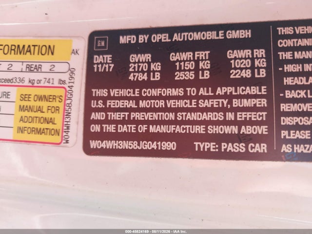 Aukcja sprzedaży 2018 Buick Cascada Premium, vin: W04WH3N58JG041990, numer aukcji: 45824169