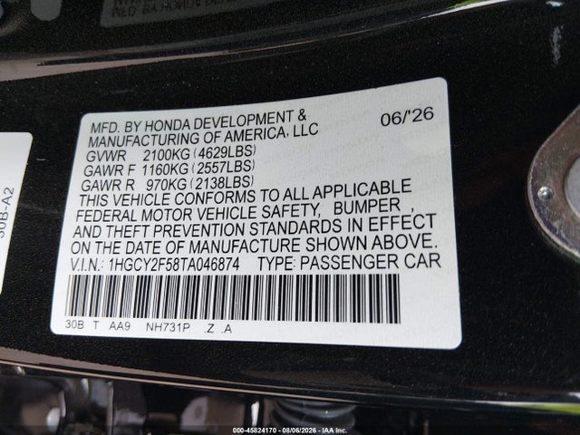 1HGCY2F58TA046874 Honda Accord Hybrid Sport