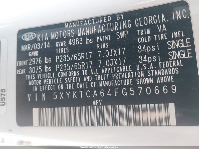 KIA SORENTO LX 2015 5XYKTCA64FG570669 Image 9