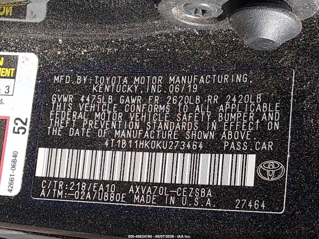 2019 Toyota Camry Se მანქანა იყიდება აუქციონზე, vin: 4T1B11HK0KU273464, აუქციონის ნომერი: 45824190