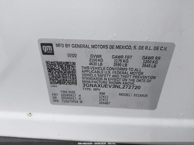 Продажа на аукционе авто 2022 Chevrolet Equinox Awd Lt, vin: 3GNAXUEV3NL272720, номер лота: 45824200