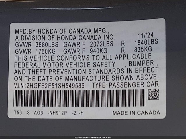Honda Civic Sport 2025 2HGFE2F51SH549586 Image 9