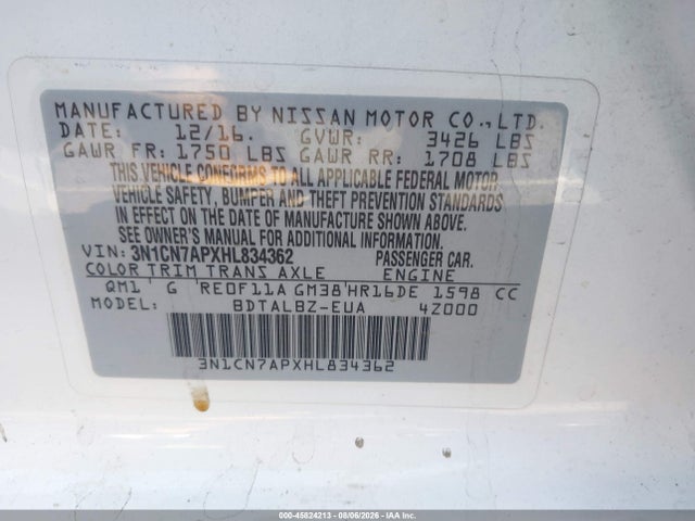 3N1CN7APXHL834362 Nissan Versa 1.6 Sv