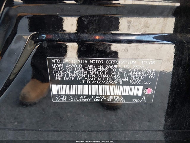 Aukcja sprzedaży 2009 Lexus Es 350, vin: JTHBJ46G692292948, numer aukcji: 45824226