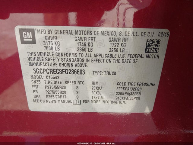 Продажа на аукционе авто 2015 Chevrolet Silverado 1500 Lt, vin: 3GCPCREC8FG286603, номер лота: 45824230
